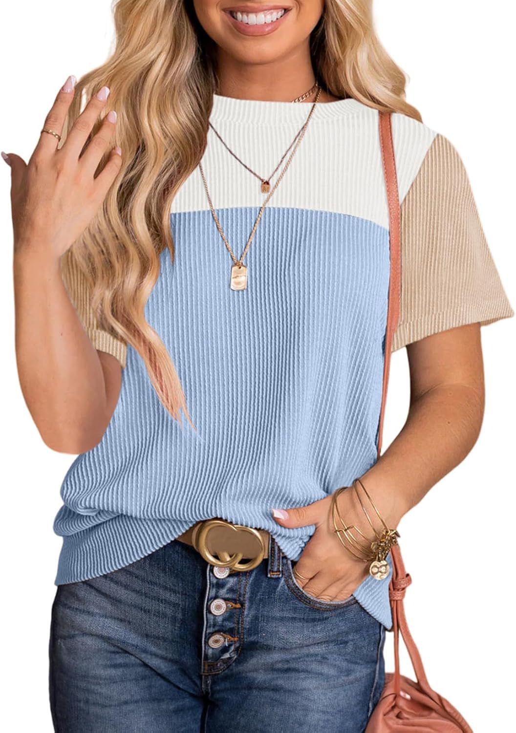 Damen modisches Rippoberteil mit kontrastierenden Farbblockdetails R&B