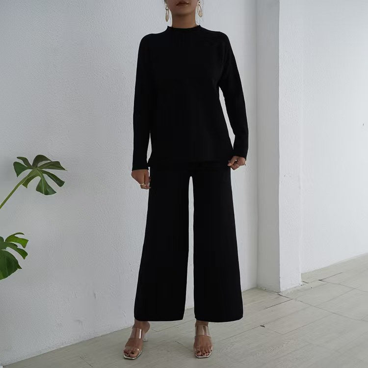 Damen elegantes und lässiges Strick-Loungewear-Set mit hohem Kragen und weiten Beinen R&B