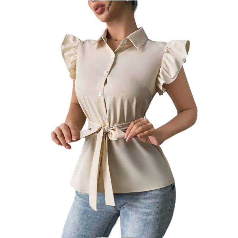 Damen Bluse mit Rüschendetails und Taillengürtel R&B