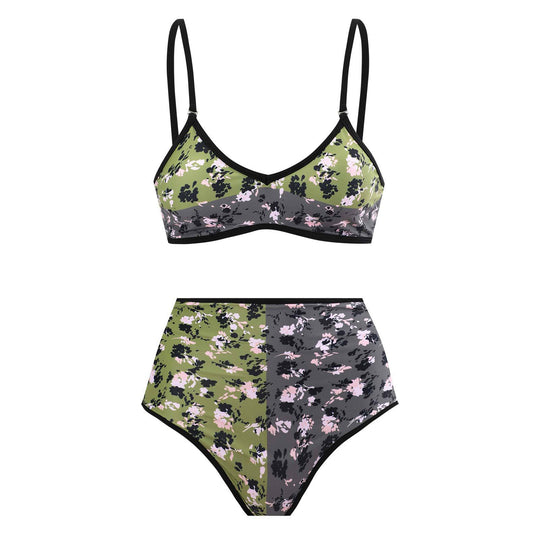Damen Hochgeschnittener Bikini mit floralem Muster und kontrastierendem Detail R&B