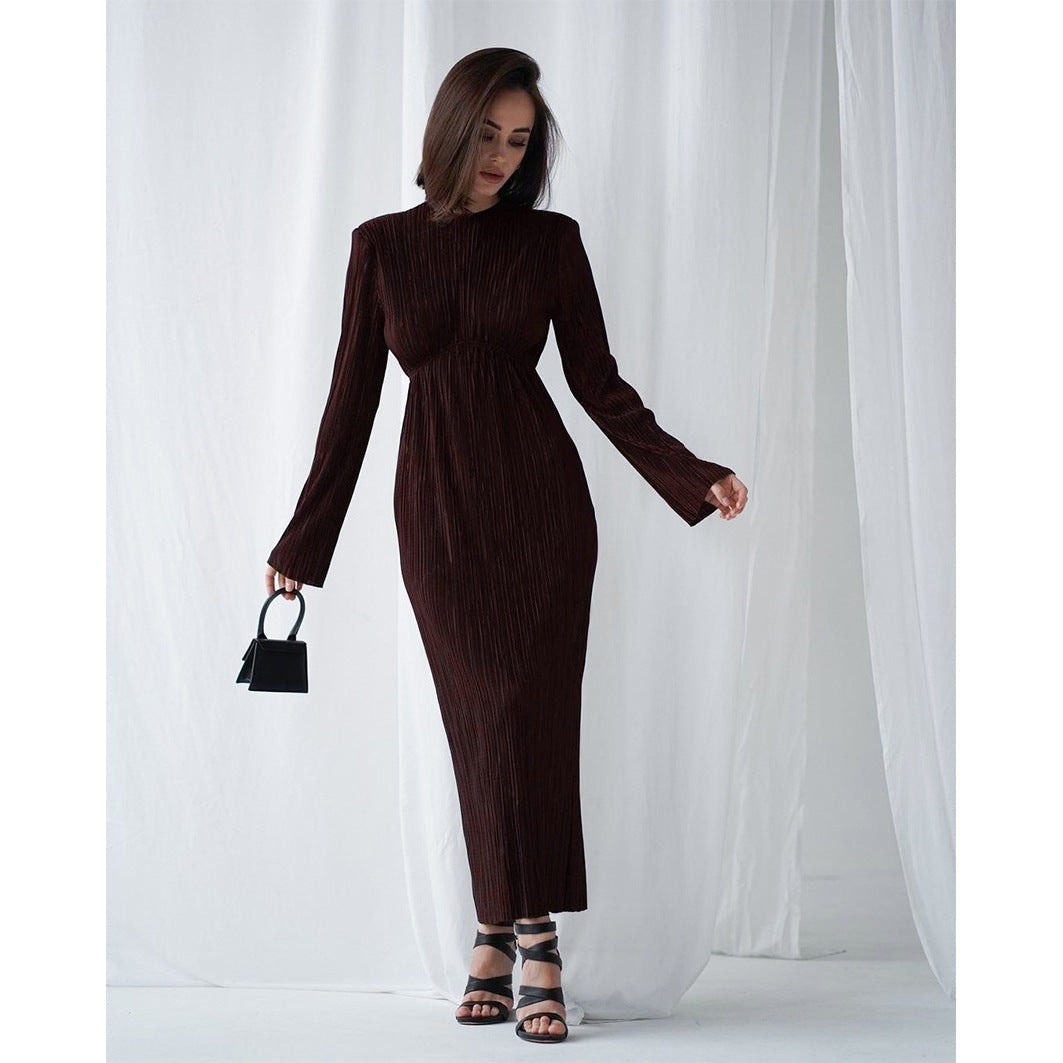 Damen Elegantes Maxikleid mit strukturierten Falten und langen Ärmeln R&B