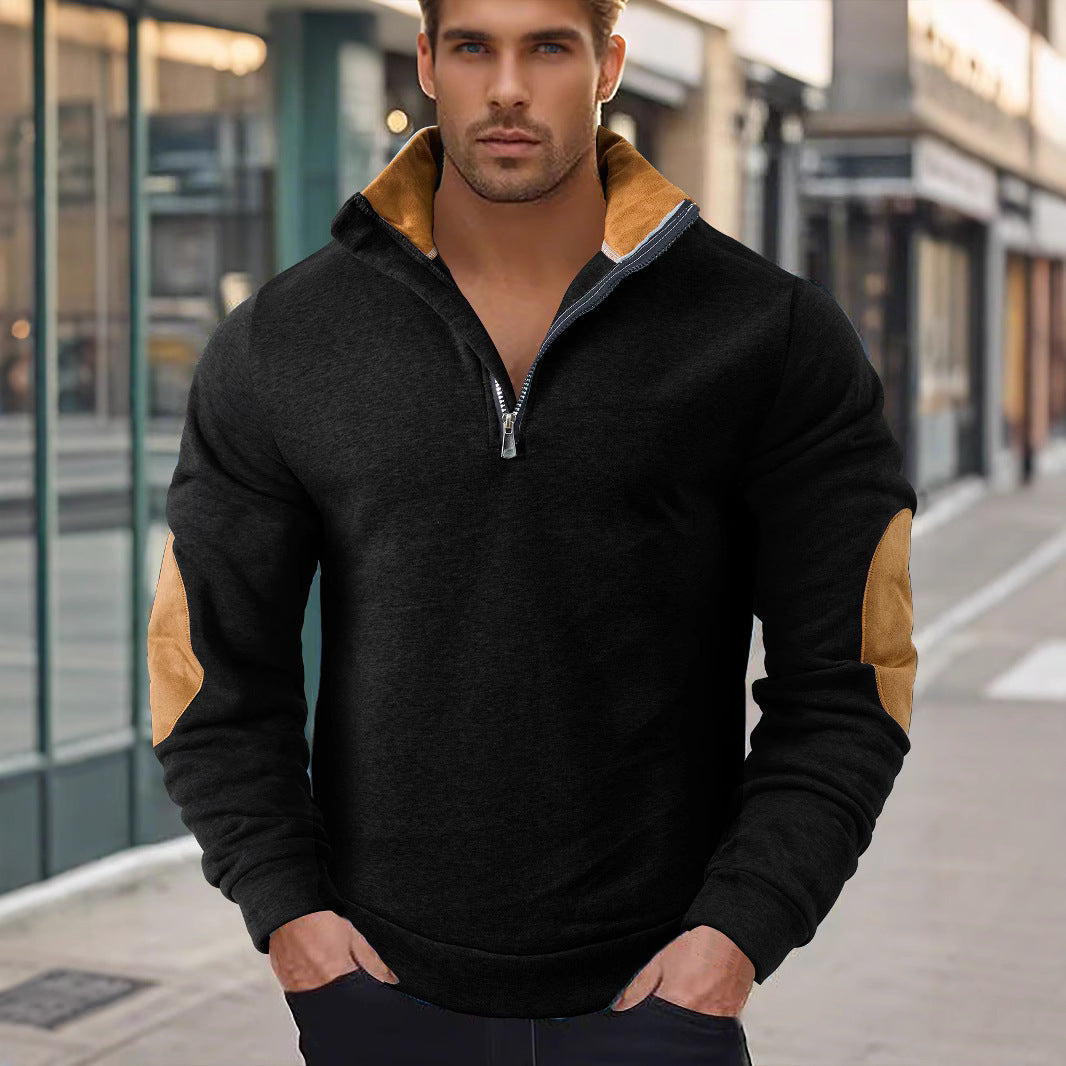 Herren nan Kurzzip-Stehkragenpullover mit Kontrastkragen und Wildleder-Ellenbogenpatches R&B