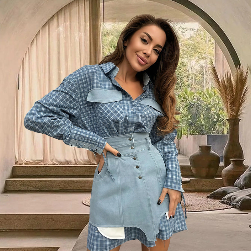 Damen Karo Hemdbluse mit Jeansrock und artisanalem Schnitt R&B