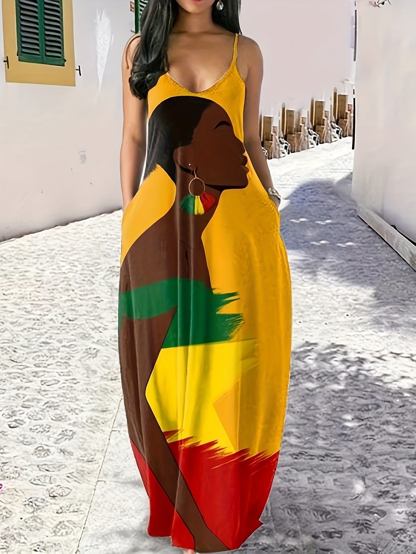 Damen Maxikleid mit künstlerischem Grafikdruck und tiefem V-Ausschnitt R&B