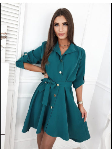 Damen Elegantes Hemdblusenkleid mit Taillengürtel und Knopfdetails R&B