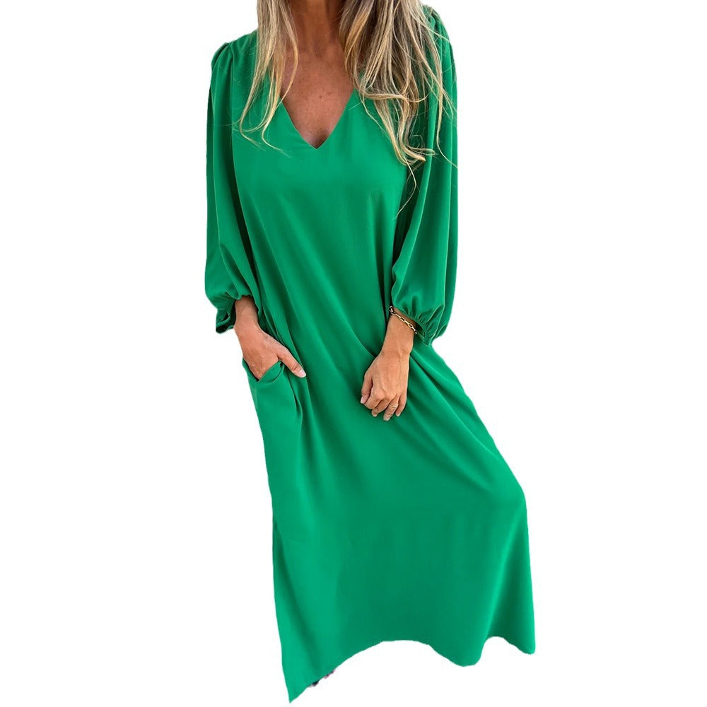 Damen elegantes Maxikleid mit V-Ausschnitt und praktischen Seitentaschen R&B