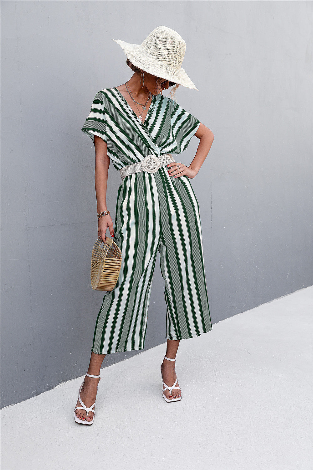 Damen eleganter Jumpsuit mit V-Ausschnitt, breiten Ärmeln und anisstreifendem Design R&B