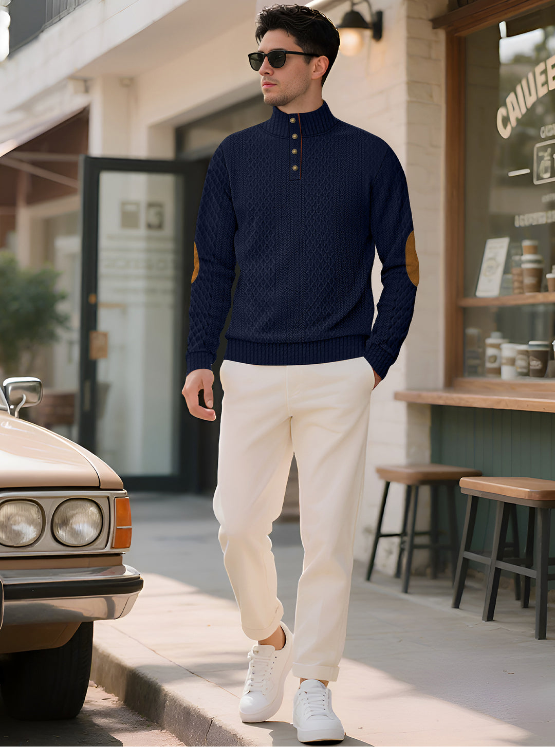 Herren nan edler Knopfsweater im Zopfmuster mit hohem Stehkragen und Wildleder-Ellenbogenpatches R&B