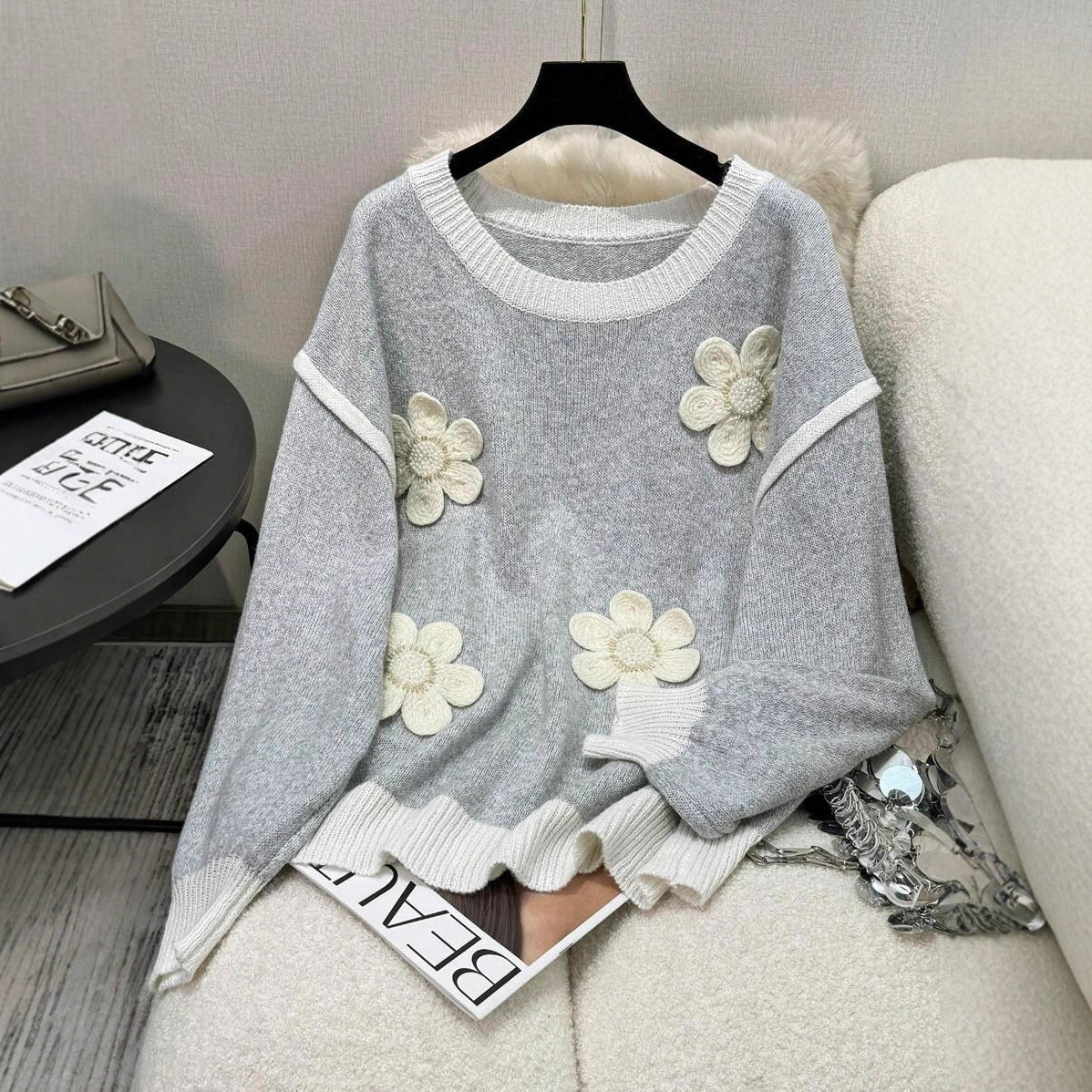 Damen Strickpullover mit floralen Applikationen R&B