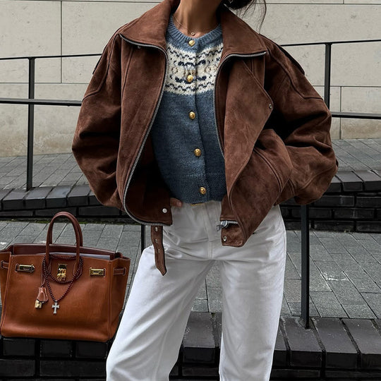 Damen Kunstlederjacke mit modernem Stehkragen und praktischen Reißverschlusstaschen R&B