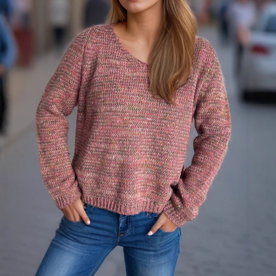 Damen lässiger V-Ausschnitt Pullover mit strukturiertem Maschenmuster R&B
