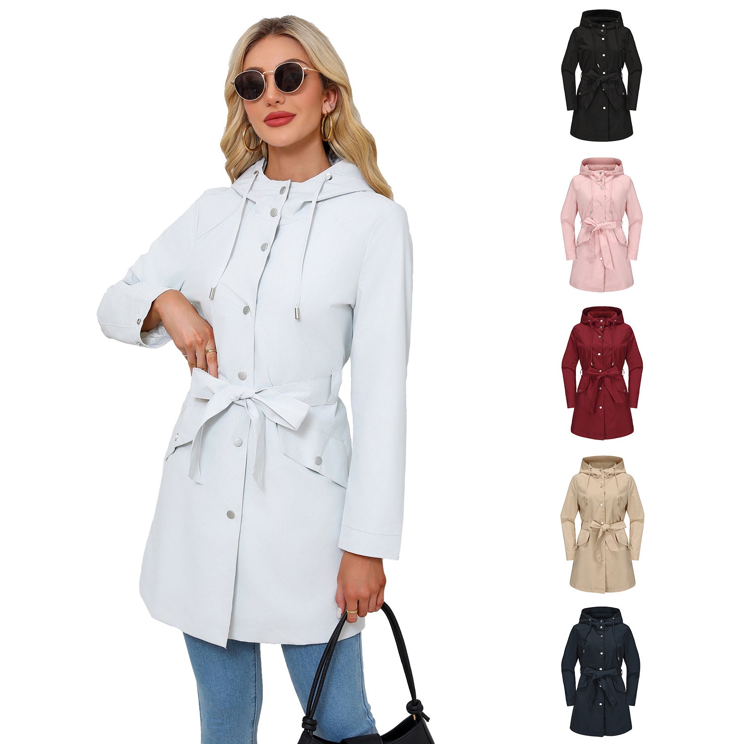 Damen wasserfeste Übergangsjacke mit verstellbarem Kapuzenkragen und Taillengürtel