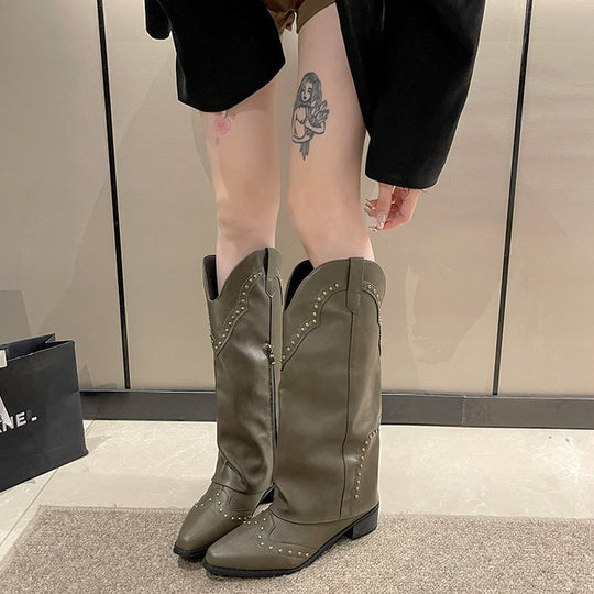 Damen Cowboy-Stiefel mit dekorativen Nieten und komfortablem Blockabsatz R&B
