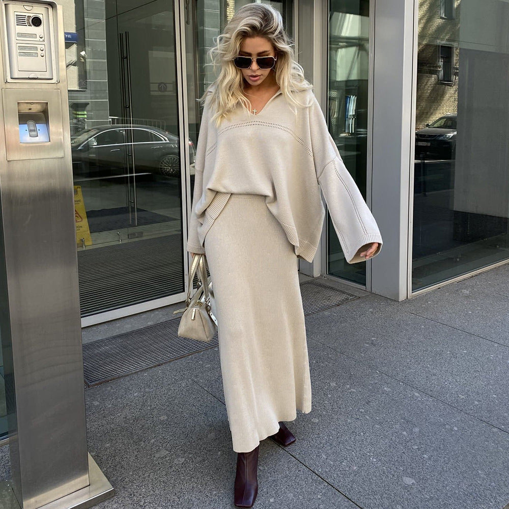 Damen Modisches Strick-Ensemble mit weitem Schnitt und tiefem V-Ausschnitt R&B