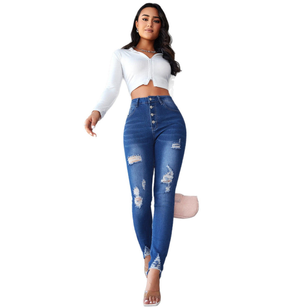 Damen High-Waist Skinny Jeans mit modischen Rissen und Knopfdetails R&B