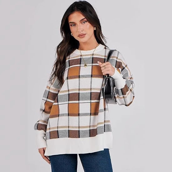 Damen oversized Pullover mit Karomuster und lässigem Schnitt R&B