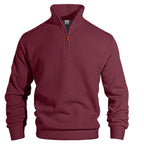 Herren nan feinstrukturierter Halbzip-Pullover im Jacquard-Relief mit hohem Stehkragen und Leder-Zipper R&B