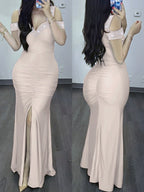 Damen elegantes Maxikleid mit schulterfreien Ärmeln und tiefem Schlitz R&B