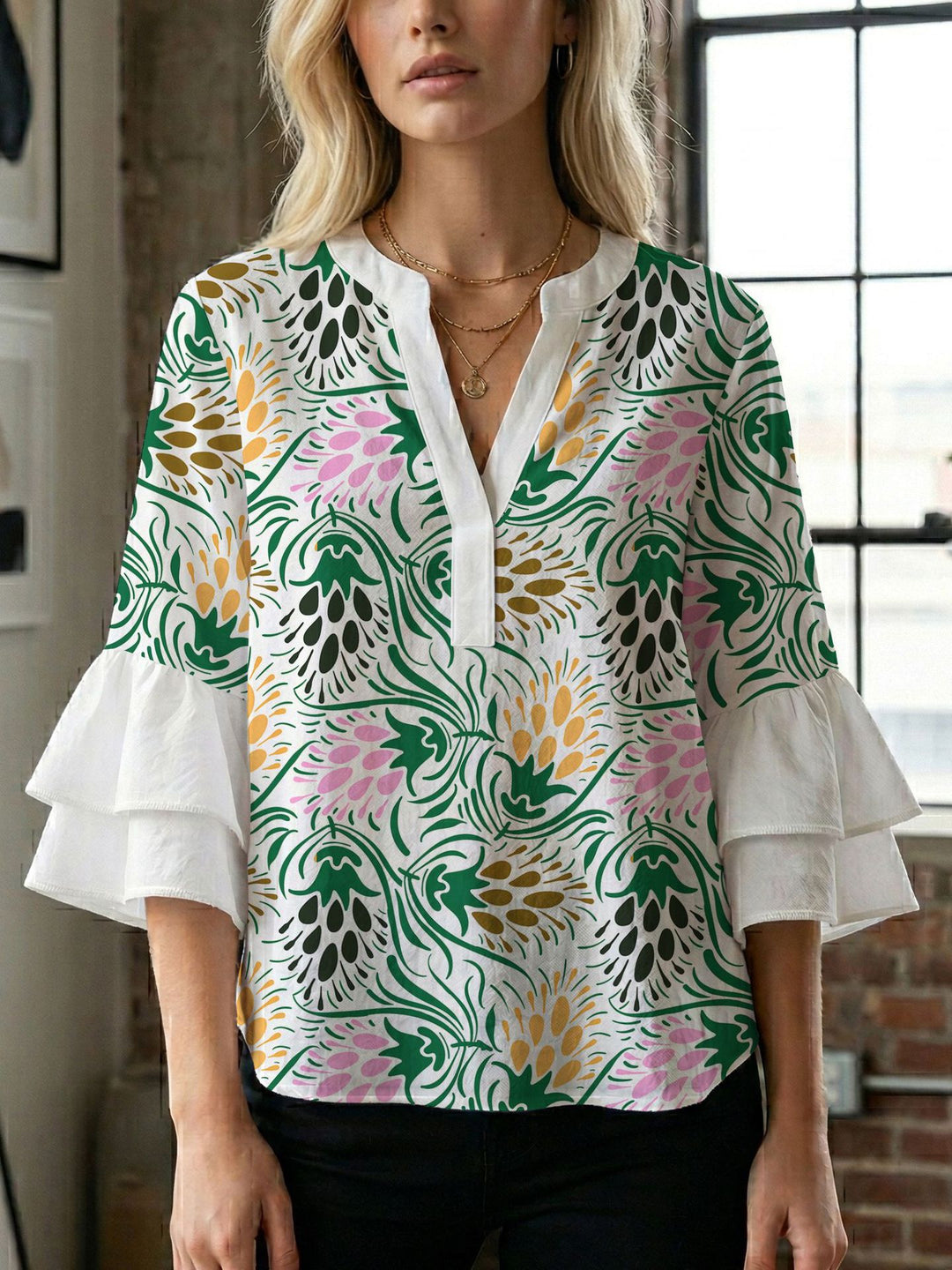 Damen Blusenshirt mit voluminösen Ärmeln und kreativem Druckdesign R&B