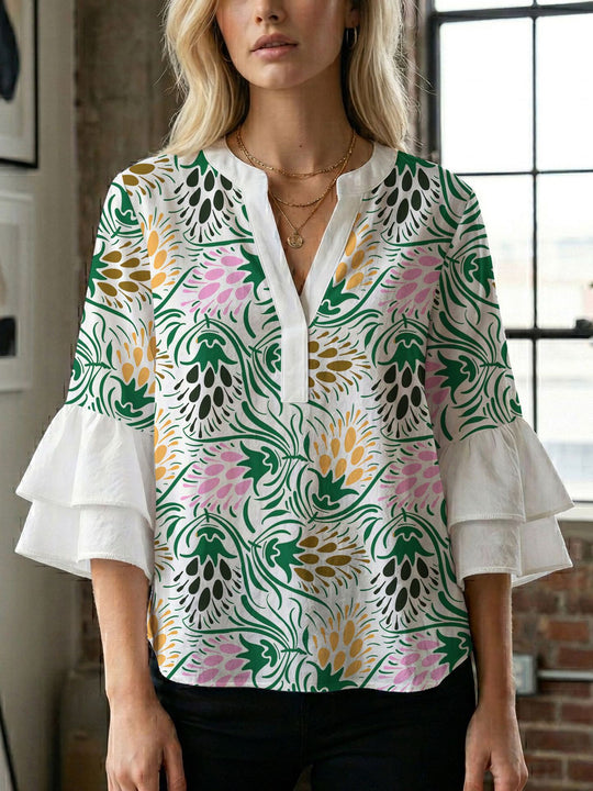 Damen Blusenshirt mit voluminösen Ärmeln und kreativem Druckdesign R&B