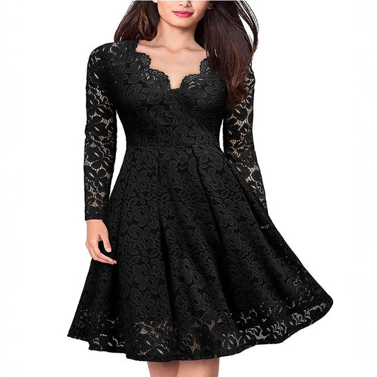 Damen tailliertes A-Linien-Spitzenkleid mit Tellerrock