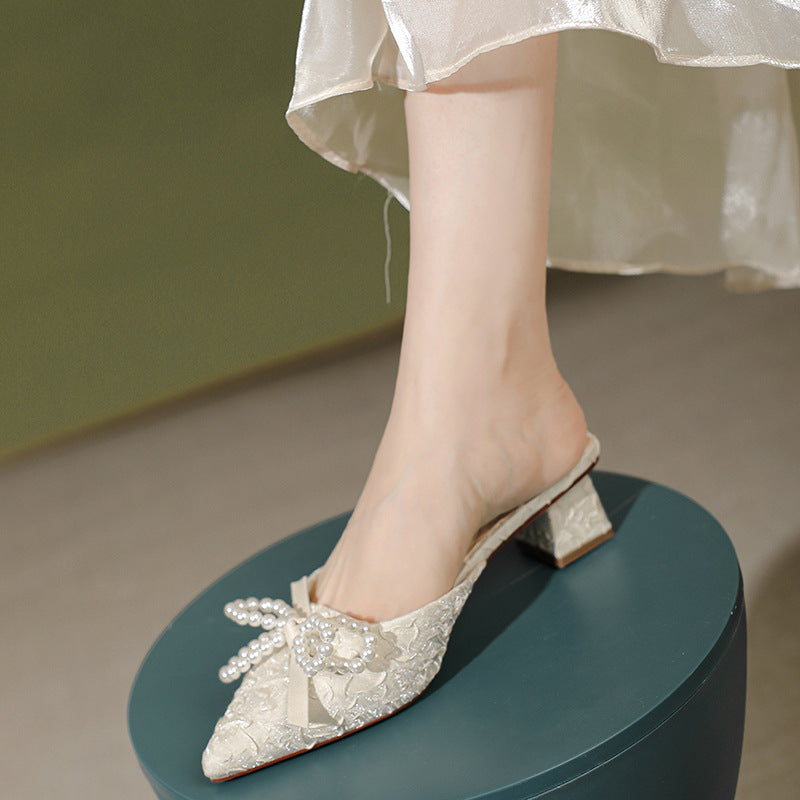 Damen elegante Mules mit perlenverziertem Schleifendetail