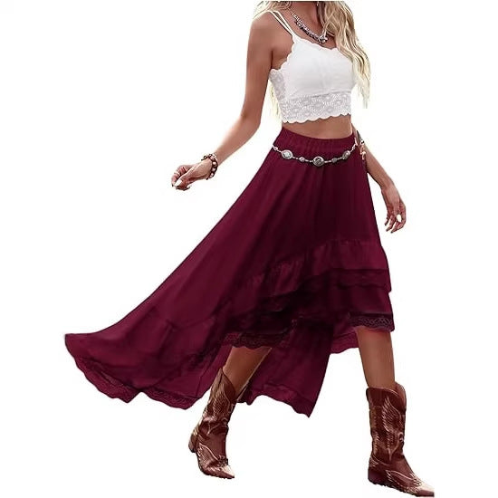 Damen Boho Maxi-Rock mit asymmetrischem Saum und Spitzenverzierungen R&B