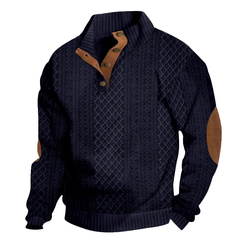 Herren nan gehobener Strickpullover mit Rautenmuster, hohem Rippkragen, knöpfbarer Latzleiste und Lederbesatz an Ellenbogen R&B