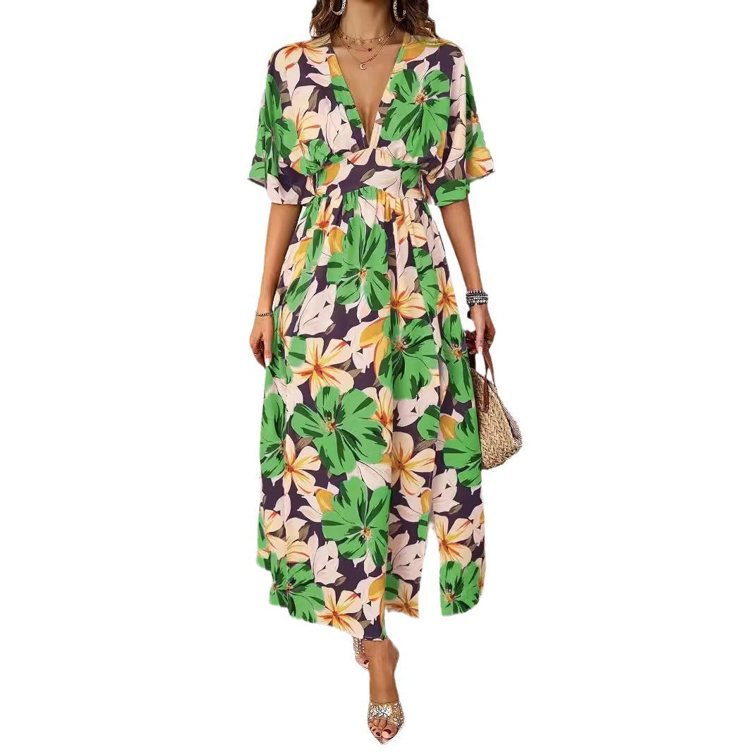 Damen Voluminöses Maxikleid mit floralem Design und tiefem V-Ausschnitt R&B