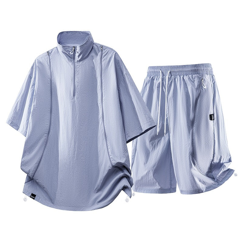 Herren nan oversized sportliches Freizeit-Set mit Halbzip, Stehkragen und elastischen Cargo-Shorts R&B