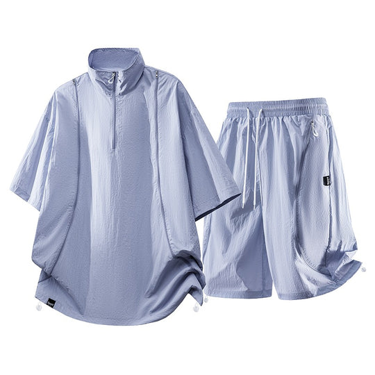 Herren nan oversized sportliches Freizeit-Set mit Halbzip, Stehkragen und elastischen Cargo-Shorts R&B