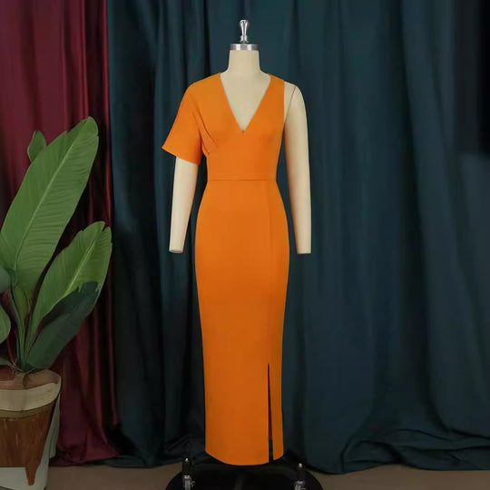 Damen figurbetontes Maxikleid mit tiefem V-Ausschnitt und elegantem Schlitz R&B