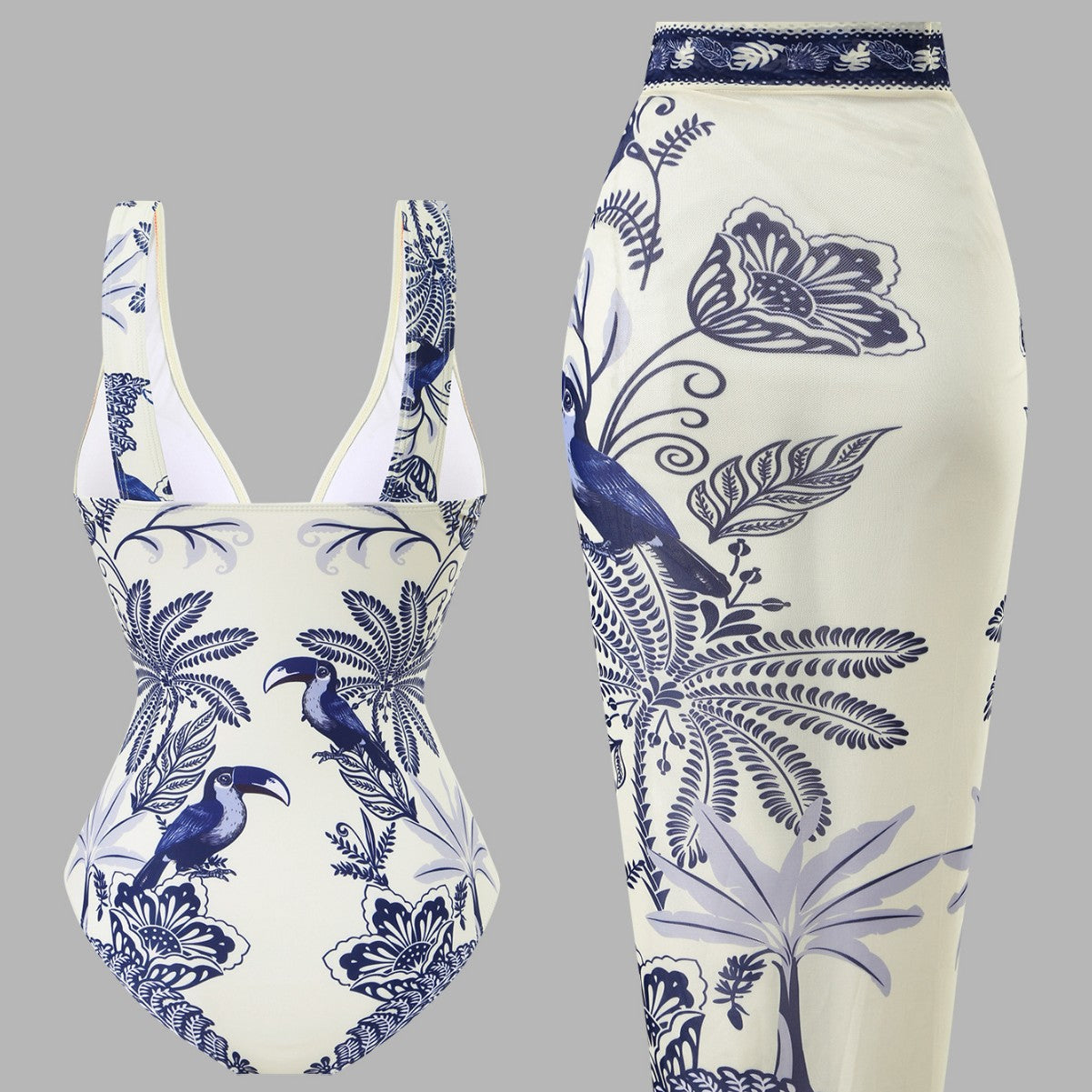 Damen Einteiliger Badeanzug mit floralem Design und elegantem Wickelrock R&B