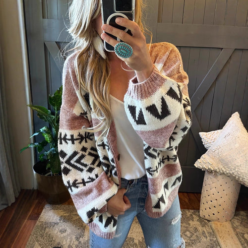 Damen gemütliche Strickjacke mit dekorativem Ethnomuster und offenem Schnitt R&B