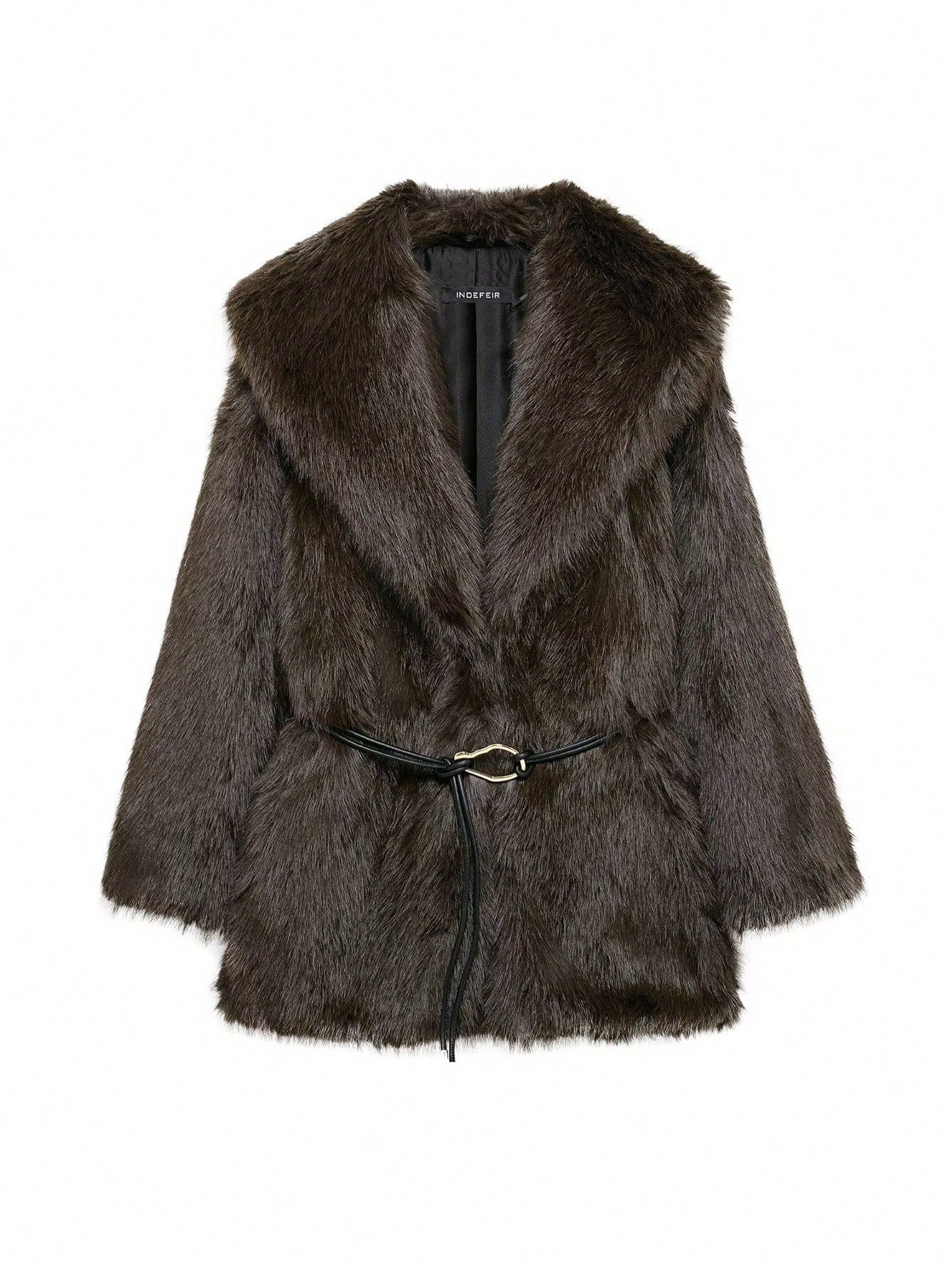 Damen glamouröser Kunstfellmantel mit breitem Revers und Taillengürtel