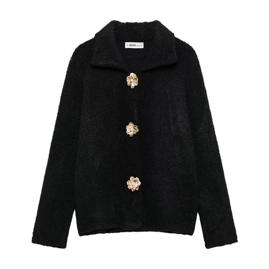 Damen flauschige Strickjacke mit dekorativen Blumenknöpfen R&B