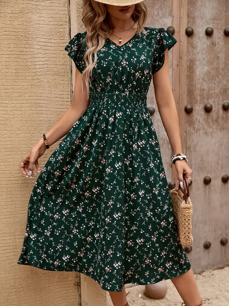 Damen Midikleid mit elastischem Tailleneinsatz und Rüschenärmeln R&B