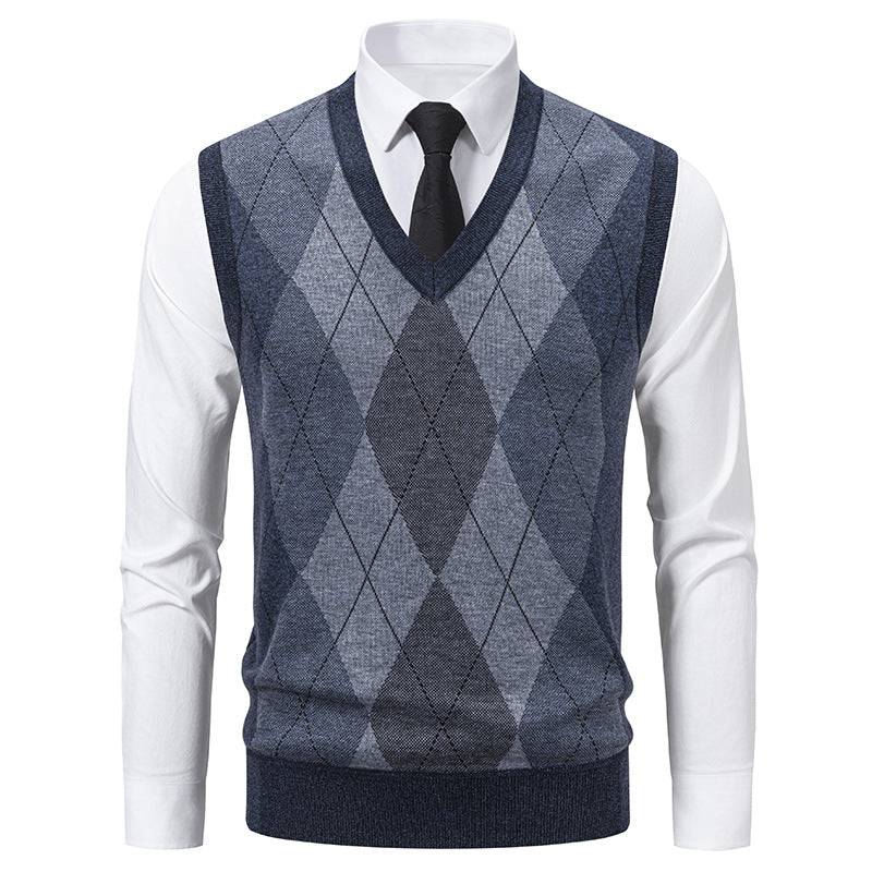 Herren V-Ausschnitt Strickpullover mit elegantem Rautenmuster R&B