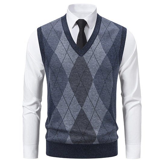 Herren V-Ausschnitt Strickpullover mit elegantem Rautenmuster R&B