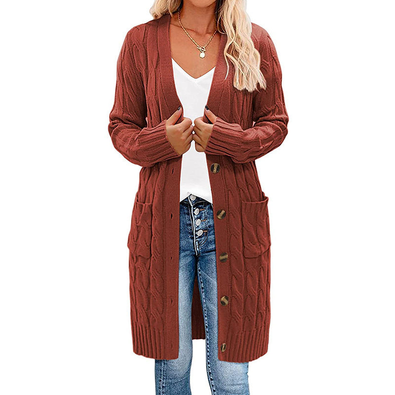 Damen Langer Strickcardigan mit Zopfdesign und praktischen Taschen R&B