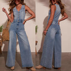 Damen Weitgeschnittene Denim-Latzhose mit Knopfdetails und regulierbarem Bund R&B