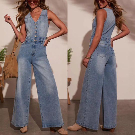 Damen Weitgeschnittene Denim-Latzhose mit Knopfdetails und regulierbarem Bund R&B