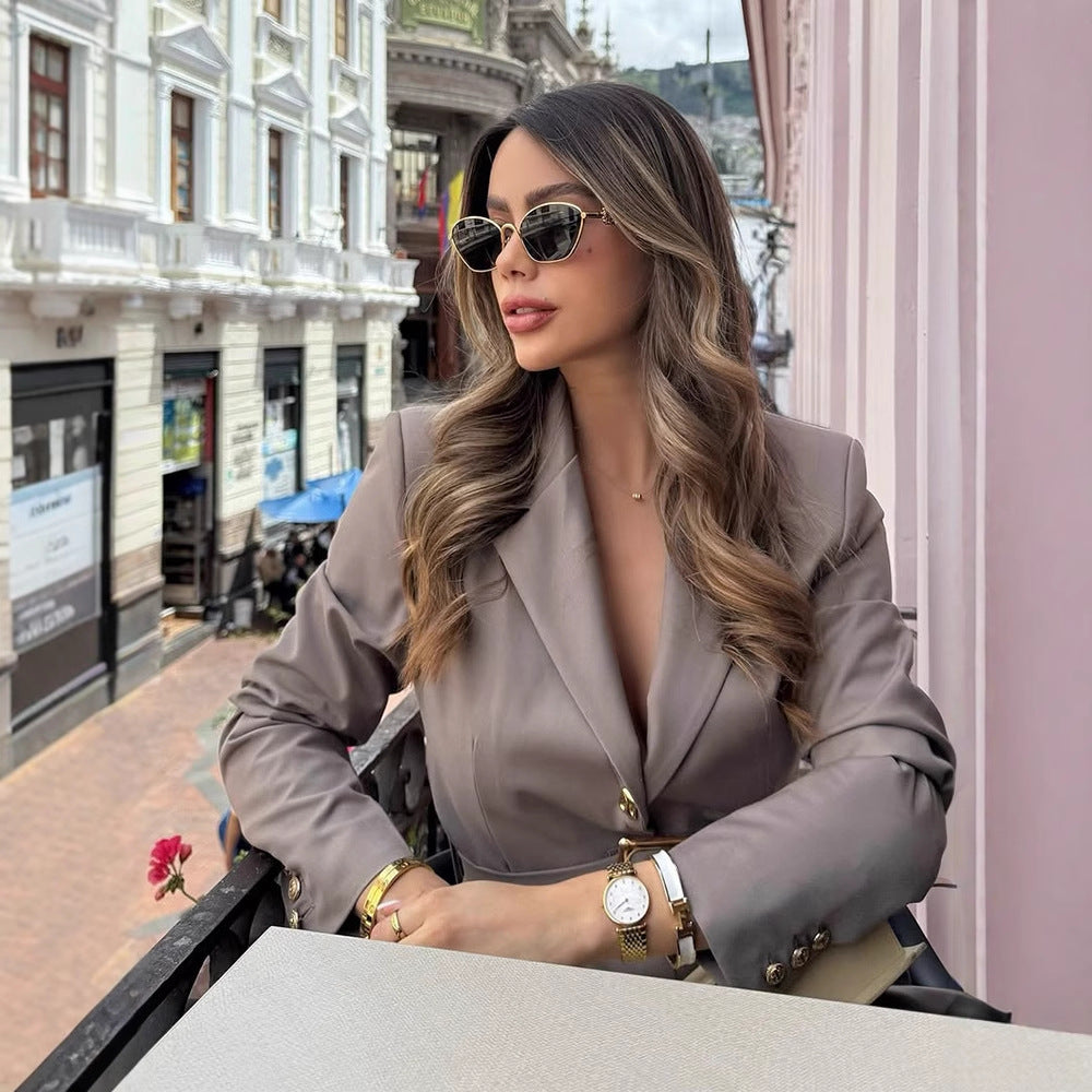 Damen eleganter taillierter Blazer mit Gürtel R&B