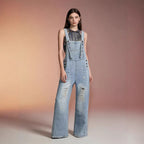 Damen Latzhose Jeans Damen mit weitem Bein und Rissdetails