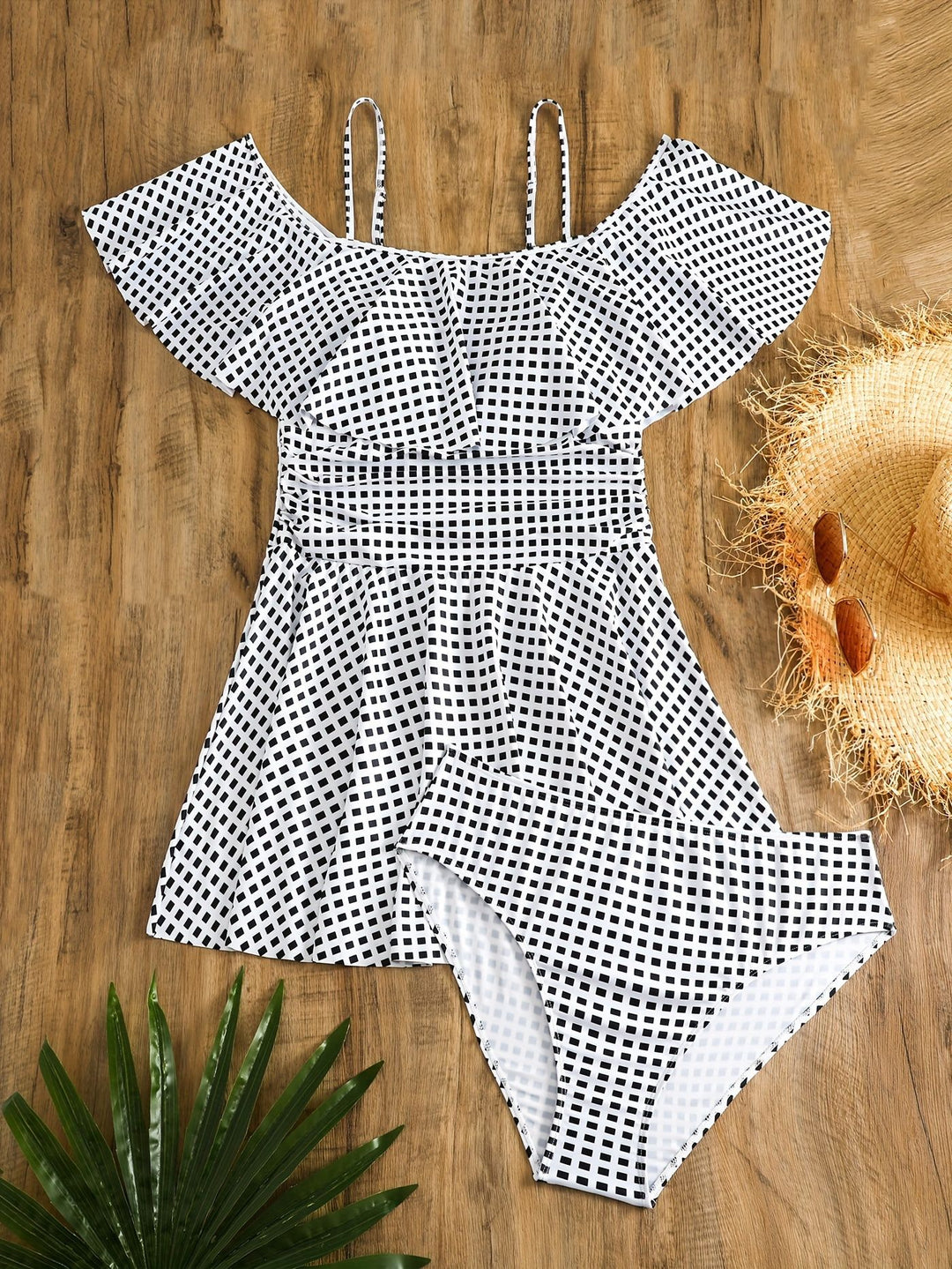 Damen Badeanzug-Set mit Rüschendetails und elegantem Karomuster R&B