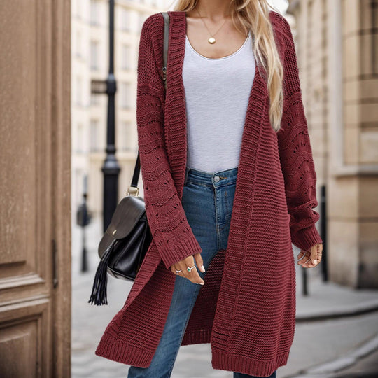 Damen Langer Strickcardigan mit luftiger Maschenstruktur und offener Front R&B