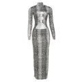 Damen Maxikleid mit elegantem Schlangenhautmuster und hoch geschlossenem Kragen R&B