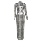 Damen Maxikleid mit elegantem Schlangenhautmuster und hoch geschlossenem Kragen R&B