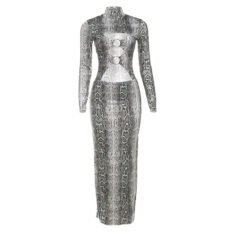Damen Maxikleid mit elegantem Schlangenhautmuster und hoch geschlossenem Kragen R&B