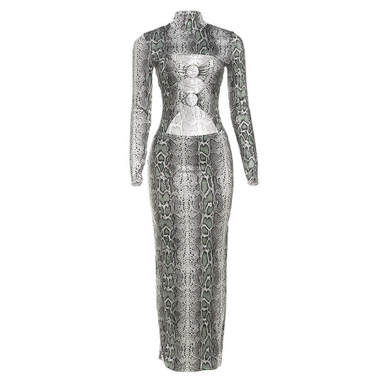 Damen Maxikleid mit elegantem Schlangenhautmuster und hoch geschlossenem Kragen R&B
